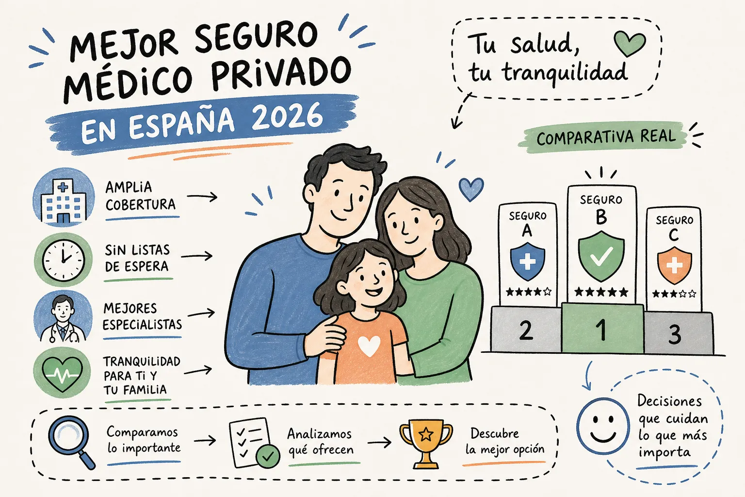 Ilustración comparativa de seguros médicos privados en España 2026 con una familia