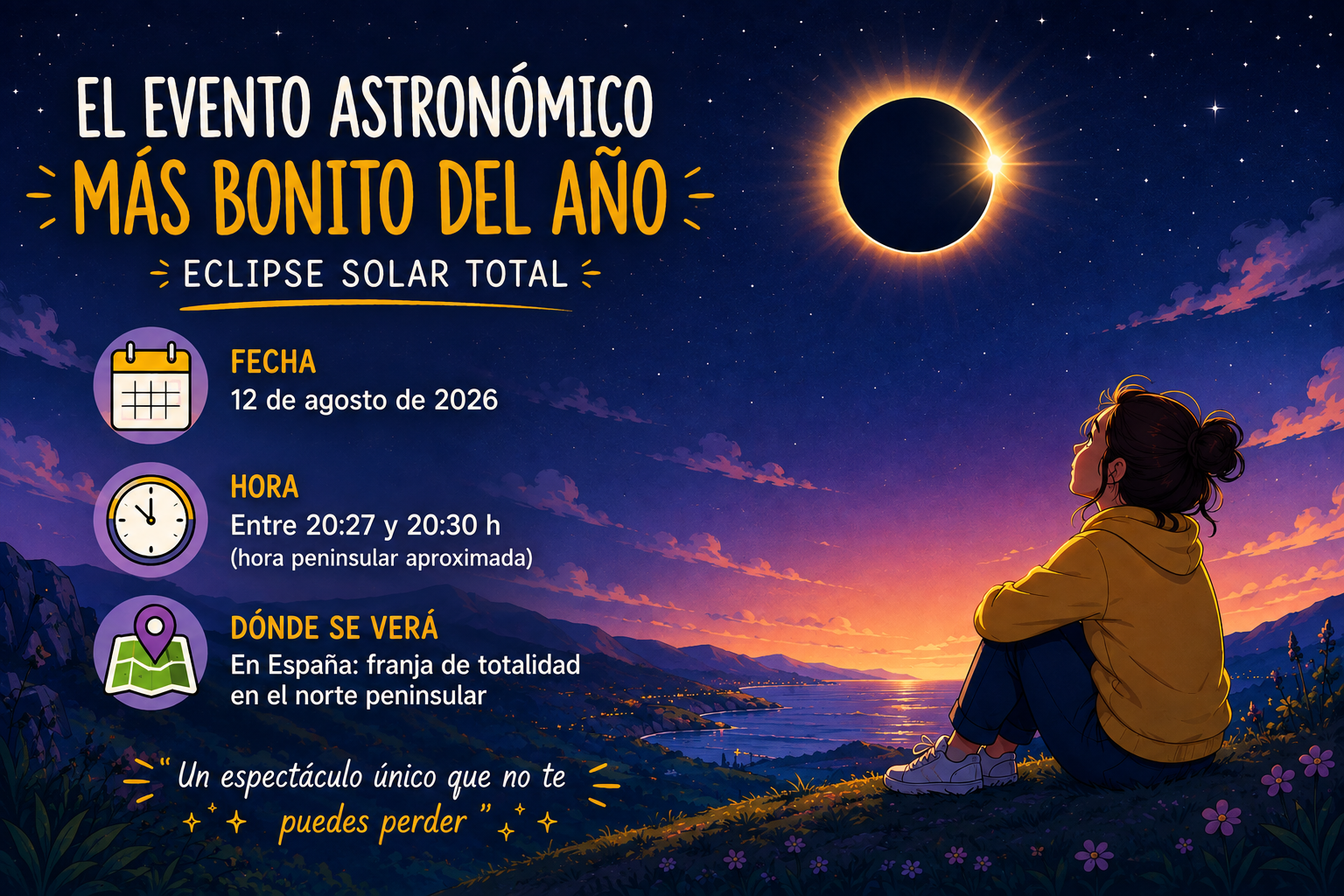 Ilustración de un eclipse solar total sobre un paisaje al atardecer